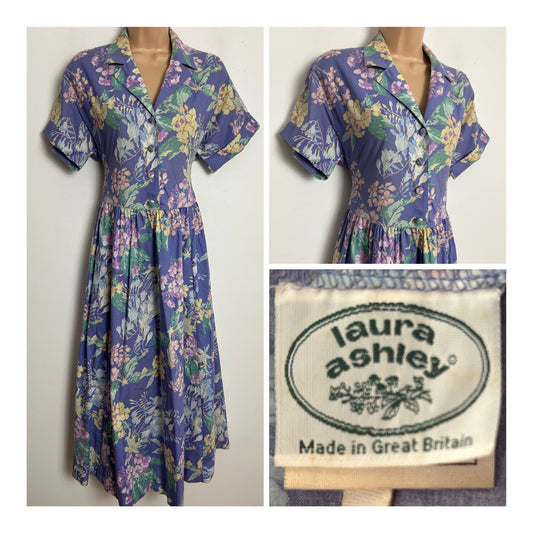 Vintage 1980s LAURA ASHLEY Size 8 (Size 10 On Label) Lilac Green & Lemon Floral Print Cotton Day Dress