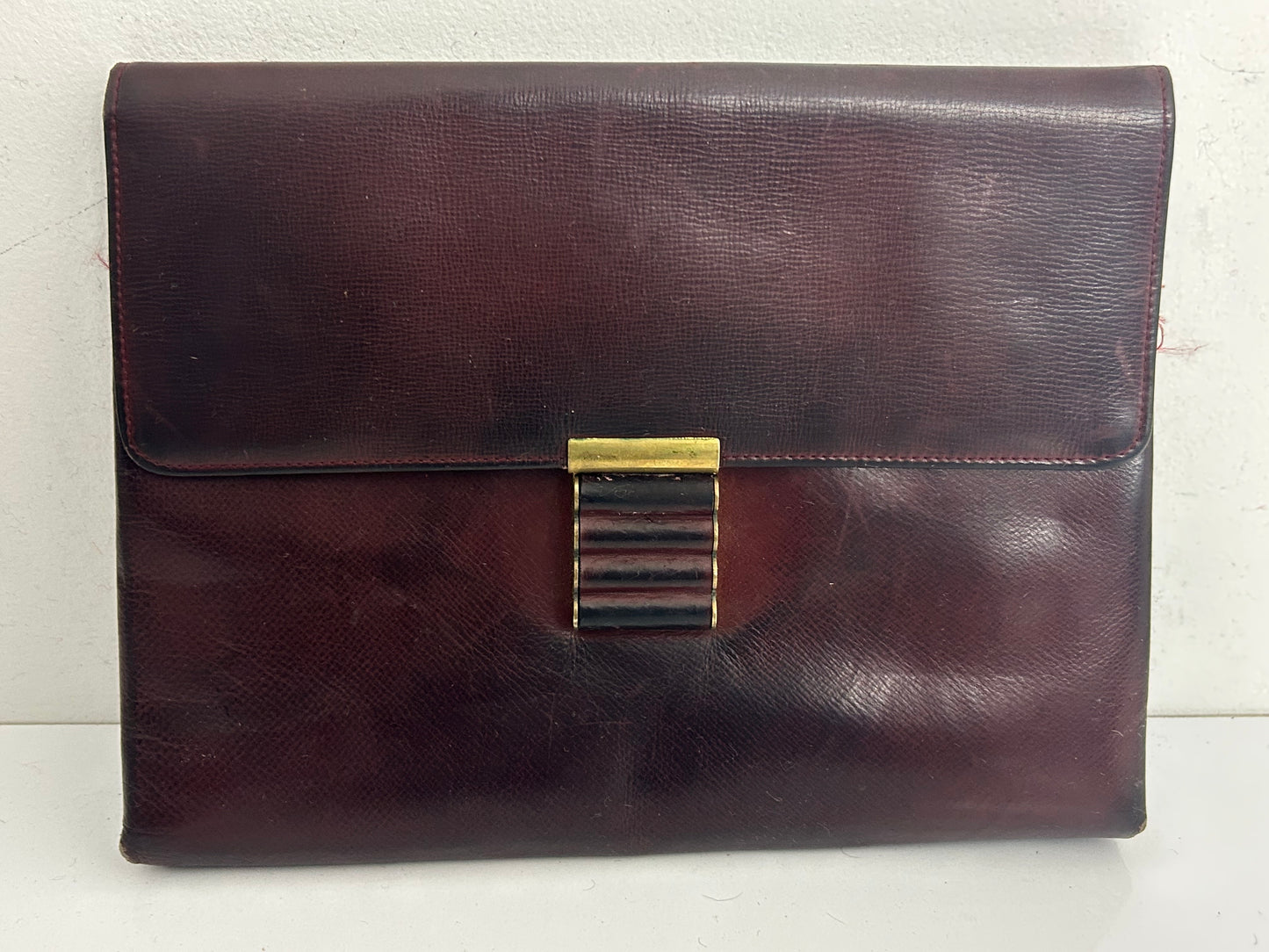 Vintage 1940s Dark Reddish Brown Real Leather Clutch Handbag With Hand Strap