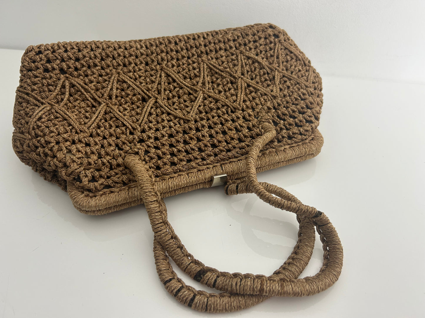 Vintage Late 1950s Pale Brown Woven Raffia Style Double Handle Handbag
