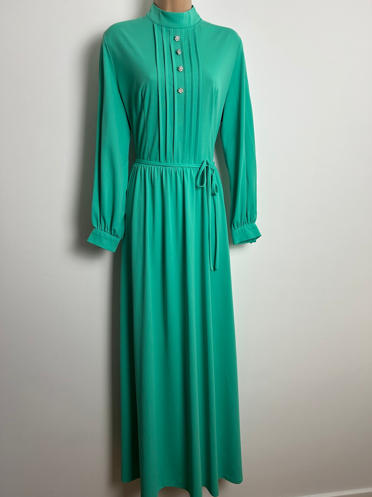 Vintage 1970s Size 14 Mint Green Diamante Buttons Long Sleeve Belted Occasion Maxi Dress