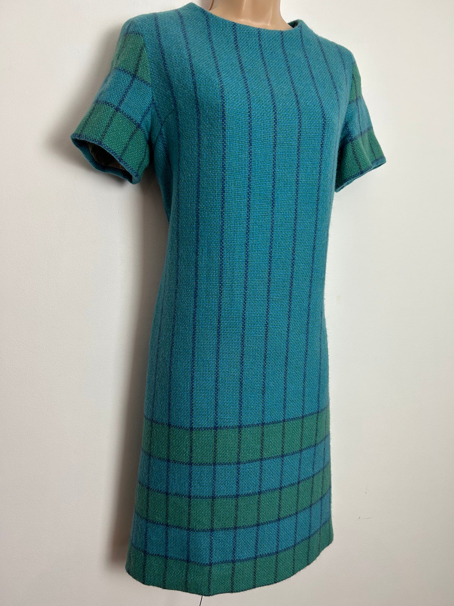 Vintage 1960s UK Size 10 Swedish JOHNSONS HEMSLOJD Blue & Green Stripe Check Pure New Wool Shift Dress