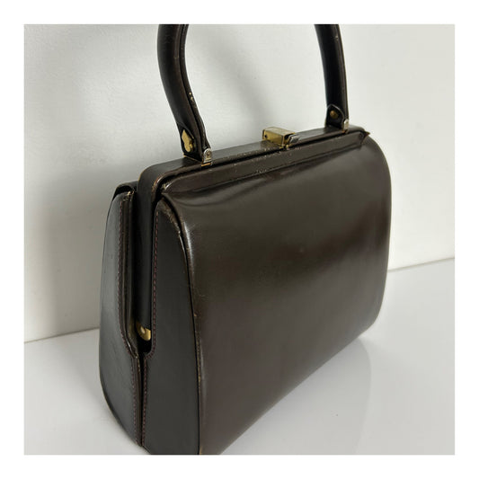 Vintage 1940s Dark Brown Leather Gladstone Style Boxy Handbag