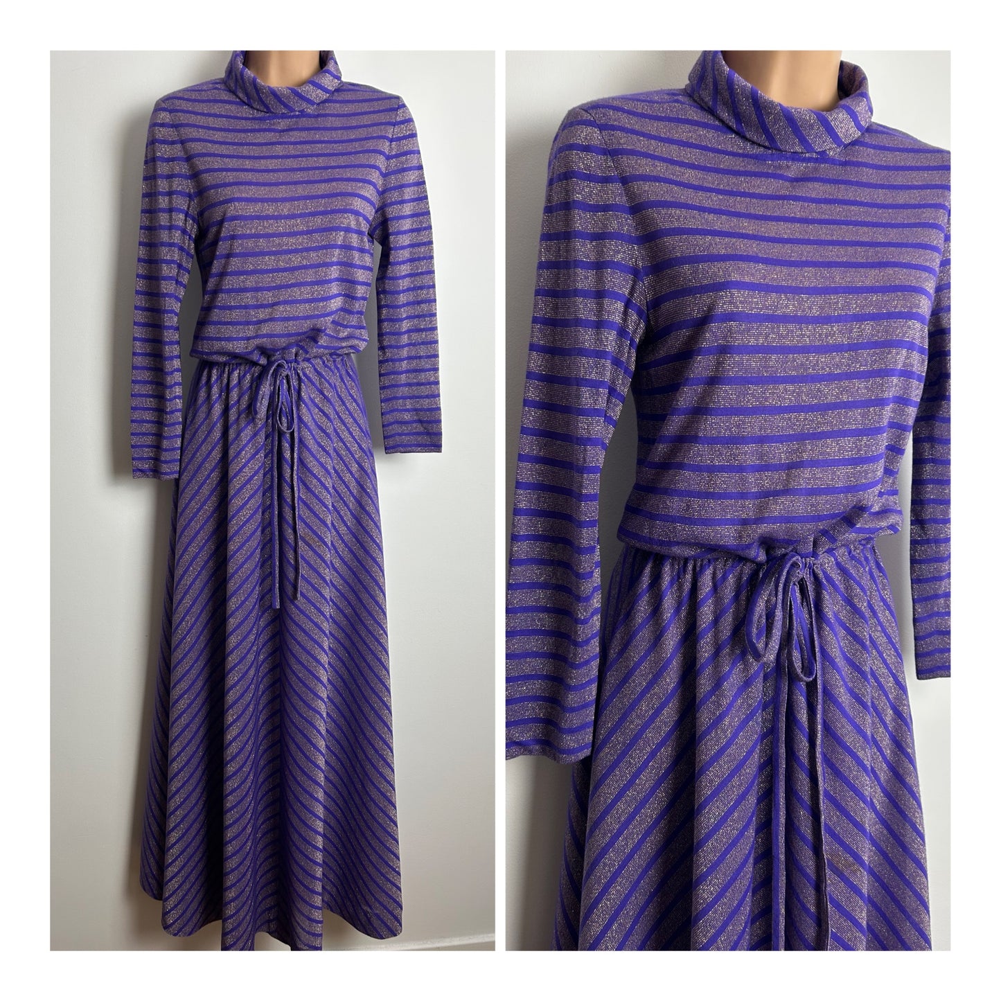 Vintage 1970s Size 8 Purple & Metallic Gold Lurex Stripe Print Long Sleeve Belted Maxi Dress