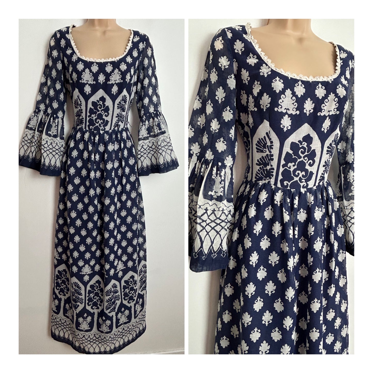 Vintage 1970s UK Size 8 Navy Blue & White Abstract Print Flared Cuff Cotton Mix Boho Maxi Dress