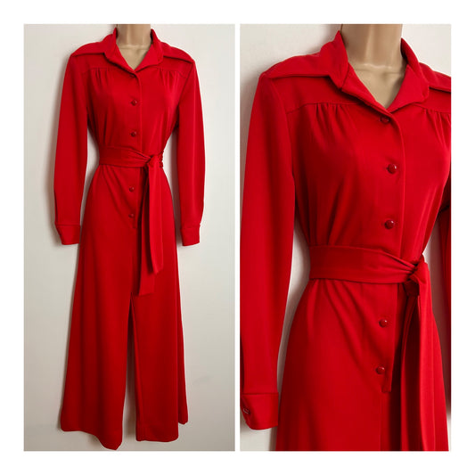 Vintage 1970s SEARS UK Size 12 Pillar Box Red Dagger Collar Belted Wide Leg All In One Jumpsuit