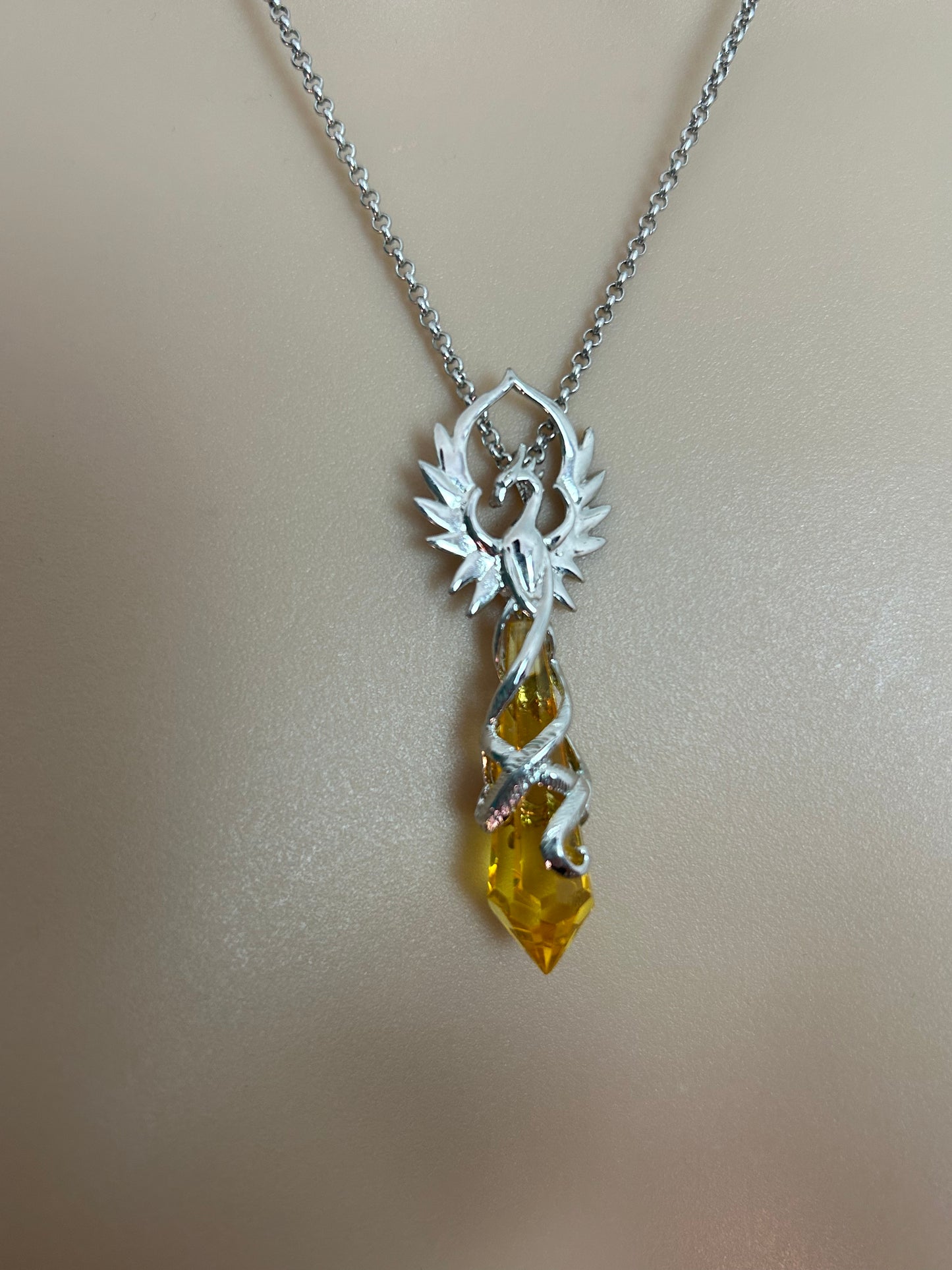 Gorgeous Silver Tone Phoenix Amulet Pendant With Yellow Glass Stone
