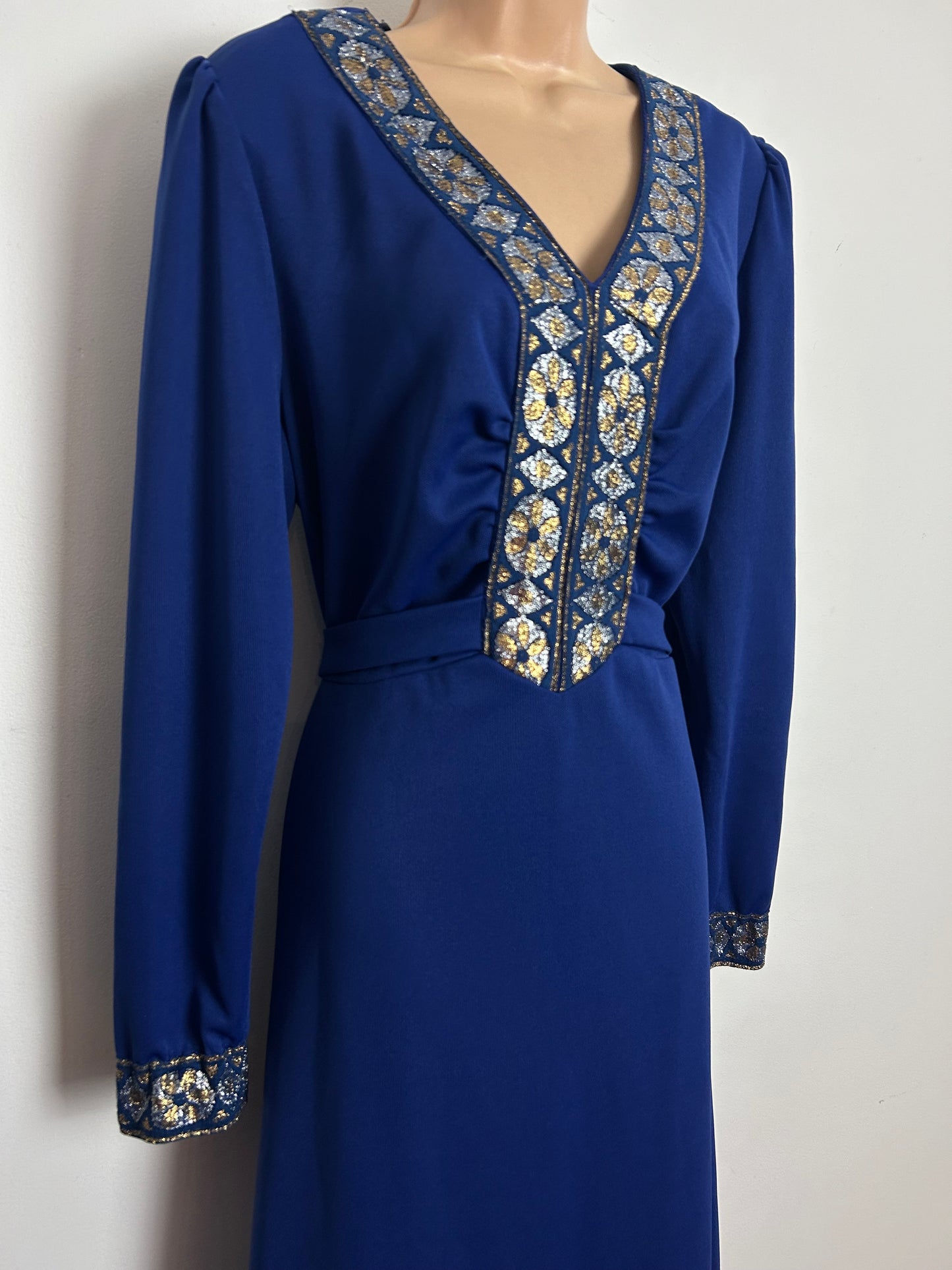 Vintage 1970s Size 16 Navy Blue Silver & Gold Braid Trim Long Sleeve Tie Back Evening Maxi Dress