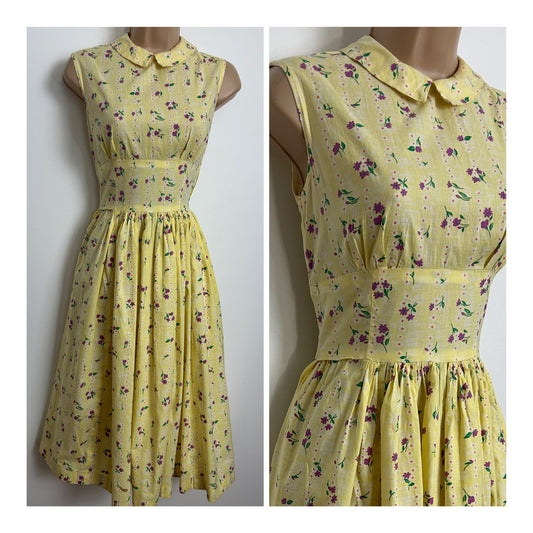 Vintage Late 1950s Size 8 Lemon & Purple Floral Gather Pleated Cotton Summer Day Dress