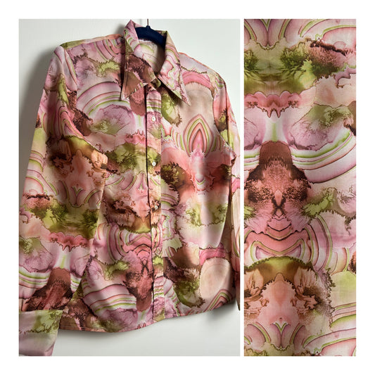 Vintage 1970s Size 14 Pink & Green Tones Abstract Print Long Sleeve Dagger Collar Shirt