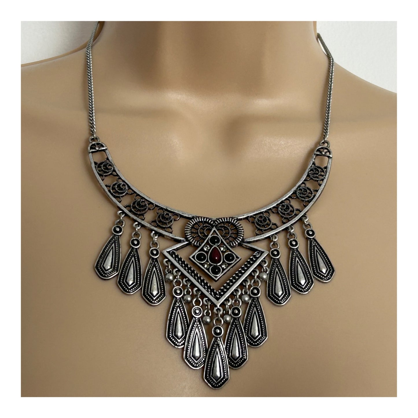 Vintage Stunning Silver Tone Filigree Style Ethnic Indian Inspired Boho Necklace