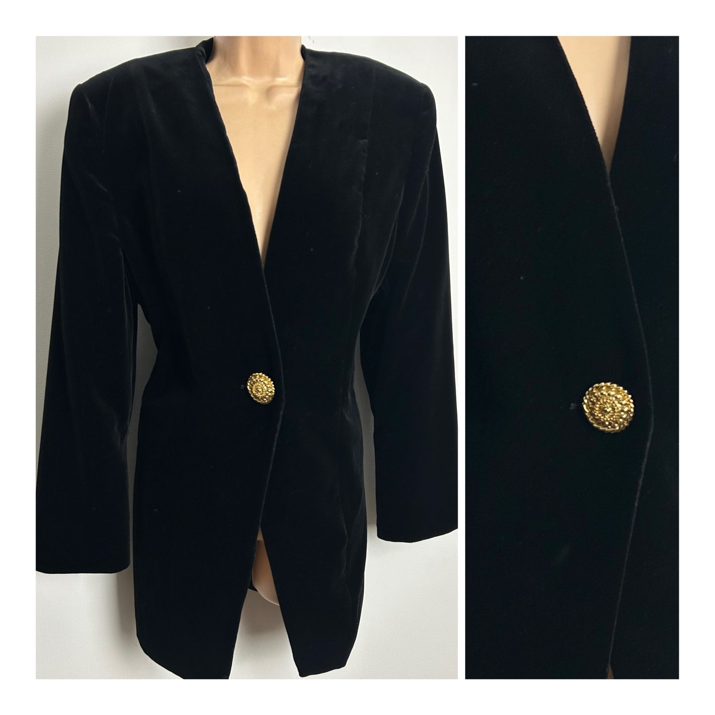 Vintage 1980s Size 14 Black Velvet Gold Button Detail Collarless Blazer