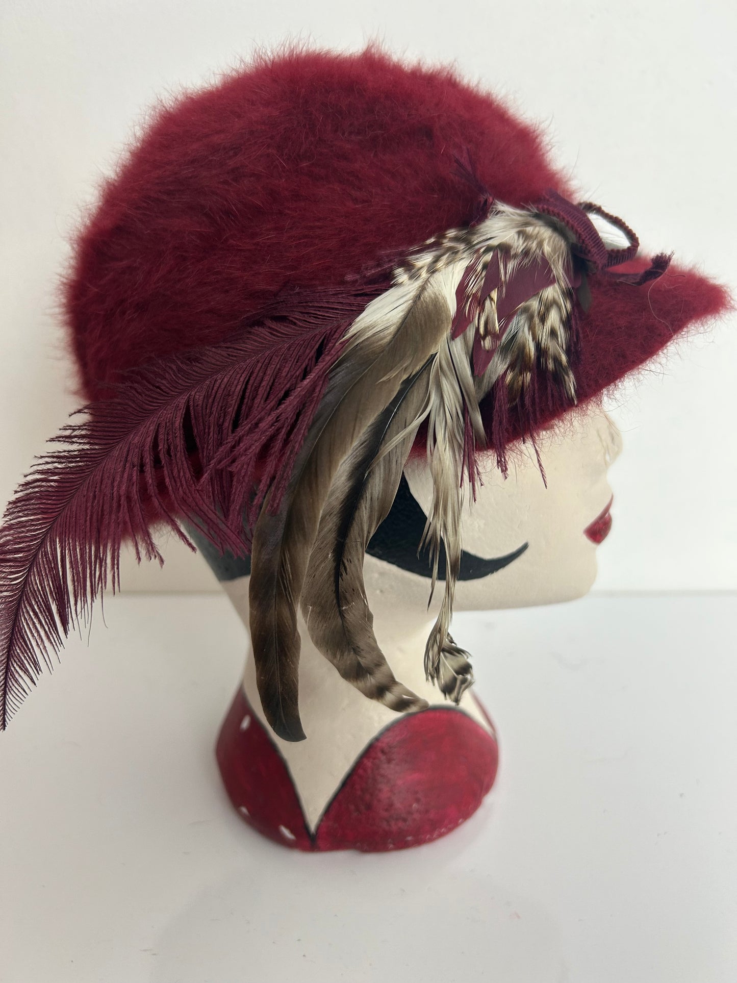 Vintage 1970s Maroon Angora Mix Feather Trim Traditional Austrian Hat