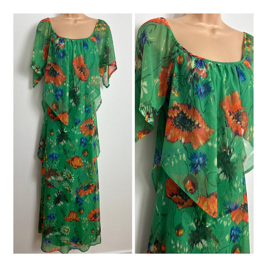 Vintage 1970s Size 12 Green & Orange Poppy Floral Print Layered Boho Maxi Dress