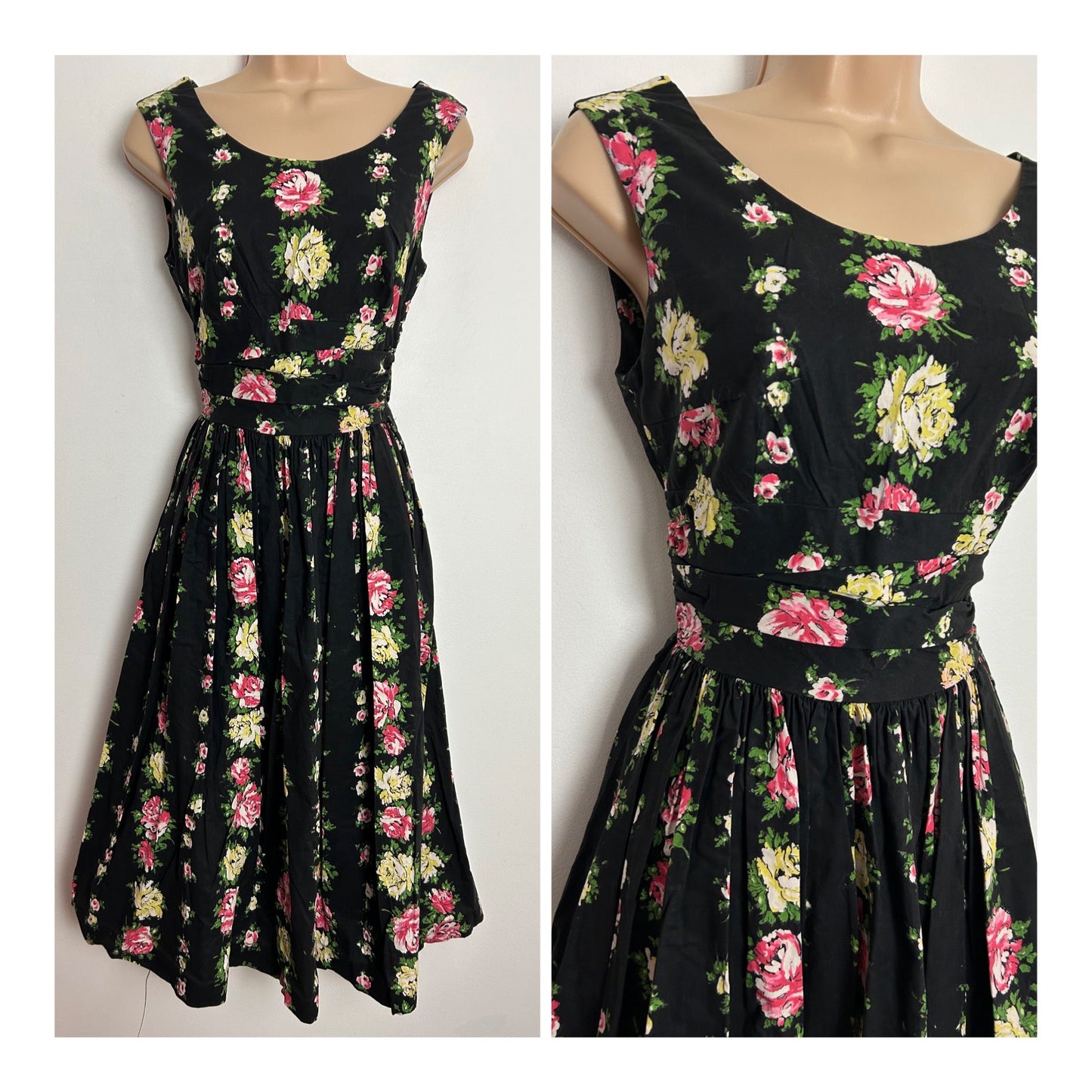 Vintage 1950s RARE SAMBO FASHIONS SAMUEL SHERMAN UK Size 6-8 Black Pink & Lemon Floral Print Cotton Pleated Dress