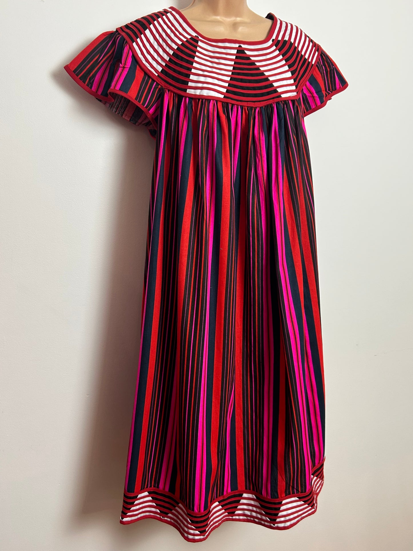 Vintage 1980s Size 12 Black Red Pink Stripe Braid Trim Cotton Smock Style Dress