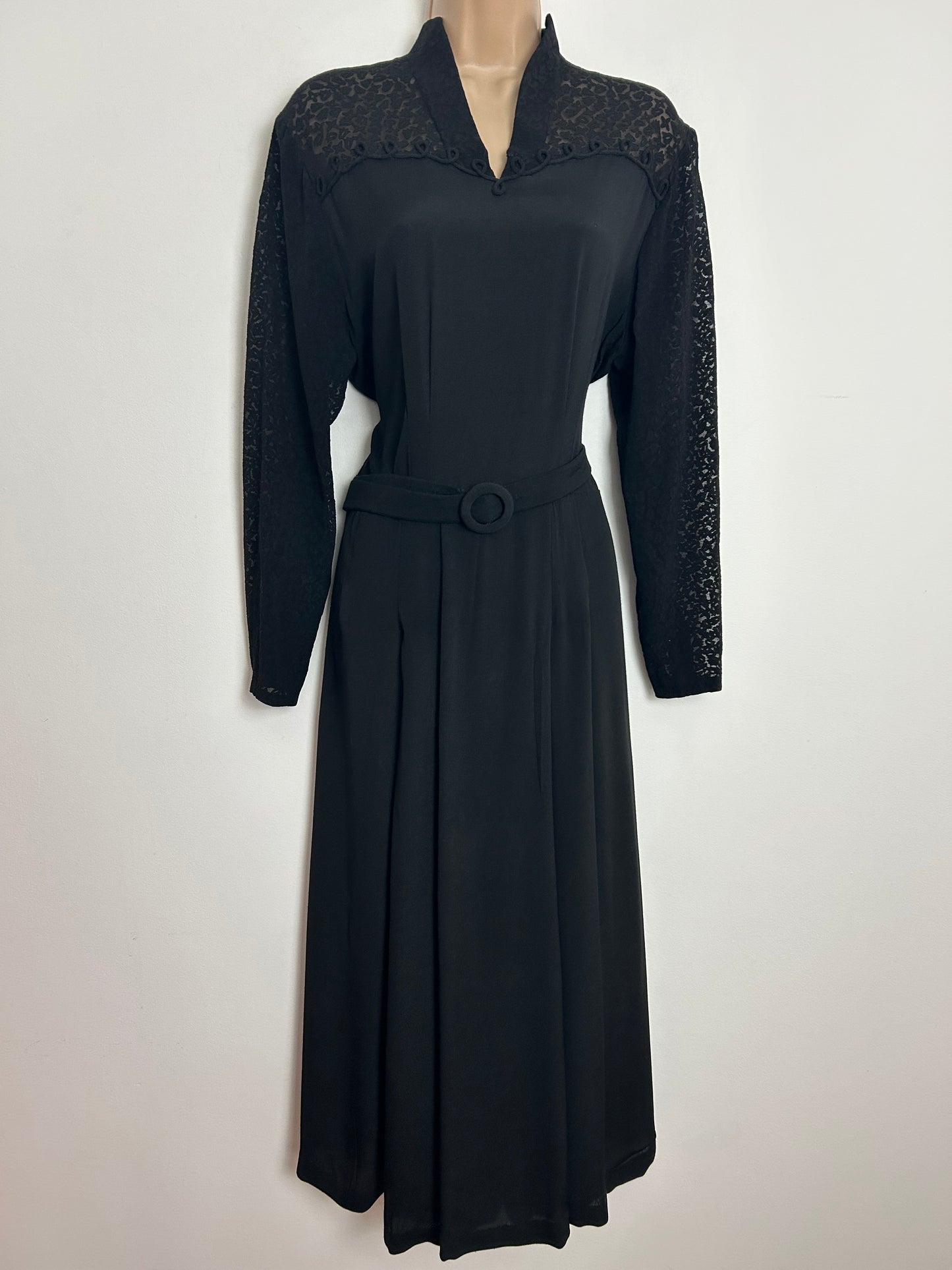 Vintage 1940s Size 14 Black Rayon Burn Out/Devore Long Sleeve Belted WW2 Era Tea Dress