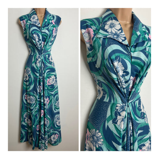 Vintage 1970s Size 12 Teal Blue & Pink Abstract Floral Print Sleeveless Maxi Dress