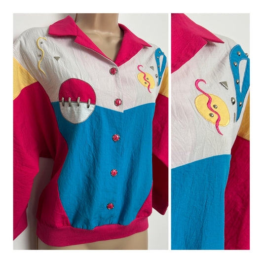Vintage 1980s Size 14-16 Cerise Pink Turquoise & White Applique & Stud Detail Casual Leisurewear Top