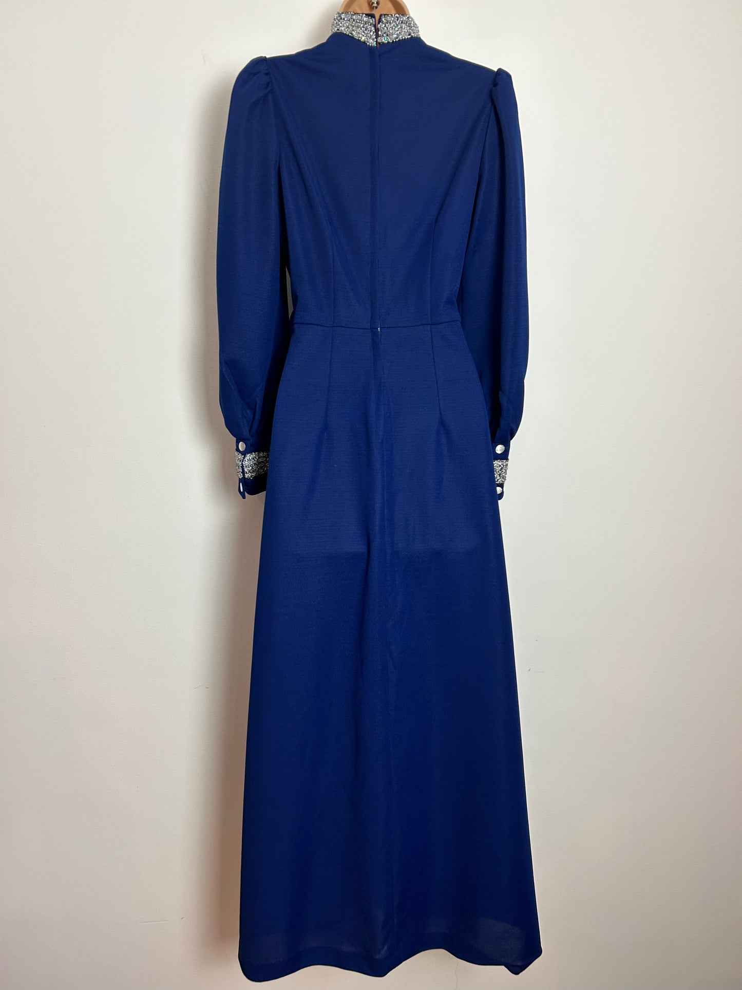 Vintage 1970s UK Size 8 Navy Blue Crimplene Long Sequin Lurex Trim Occasion Evening Maxi Dress