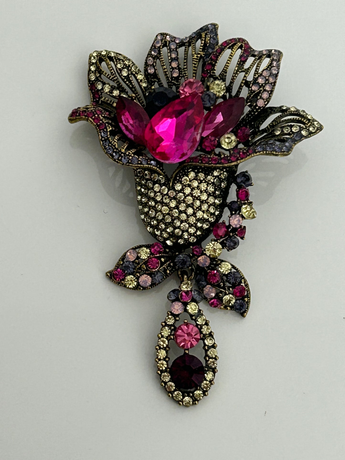 Vintage Large Dark Gold Pink & Clear Diamante & Jewel Set Flower Brooch Or Pendant