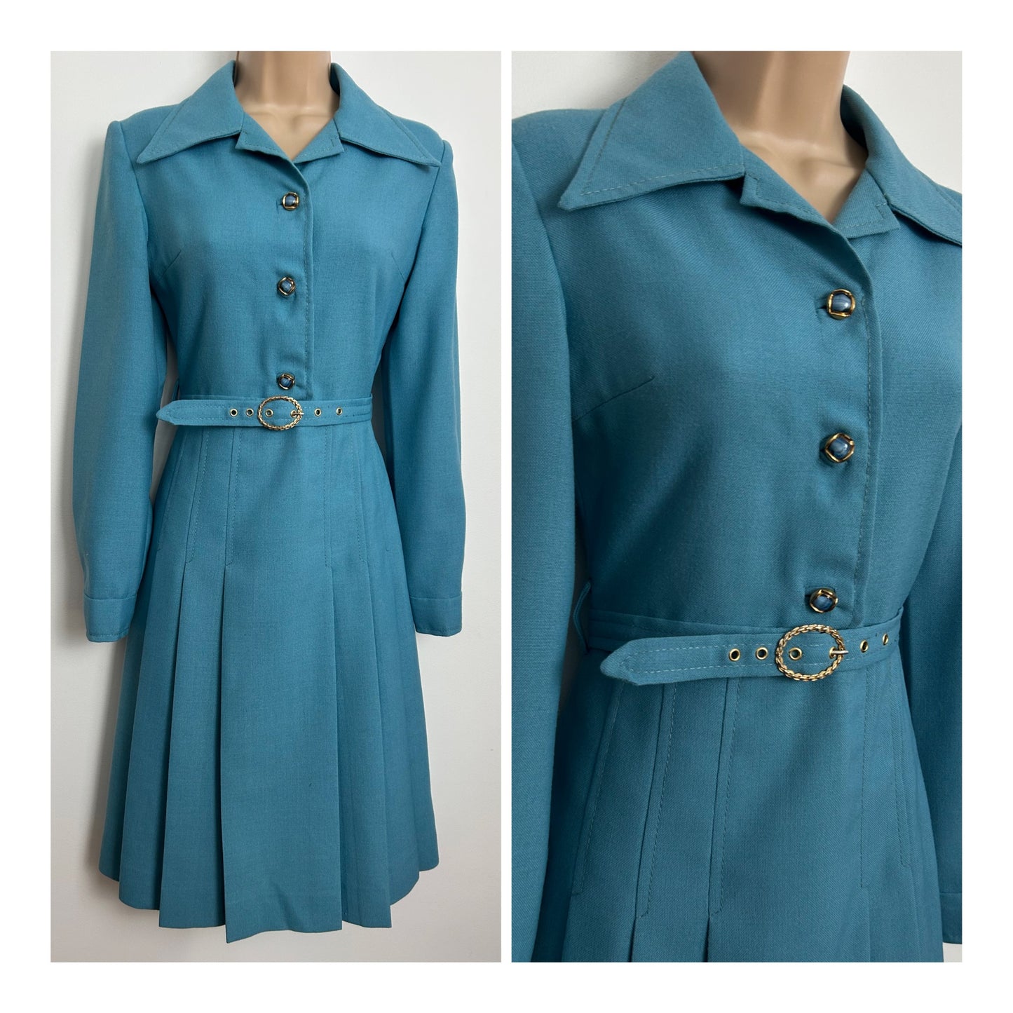 Vintage 1970s Size 8 Dusky Turquoise Wool Blend Dagger Collar Belted Pleated Mod Day Dress