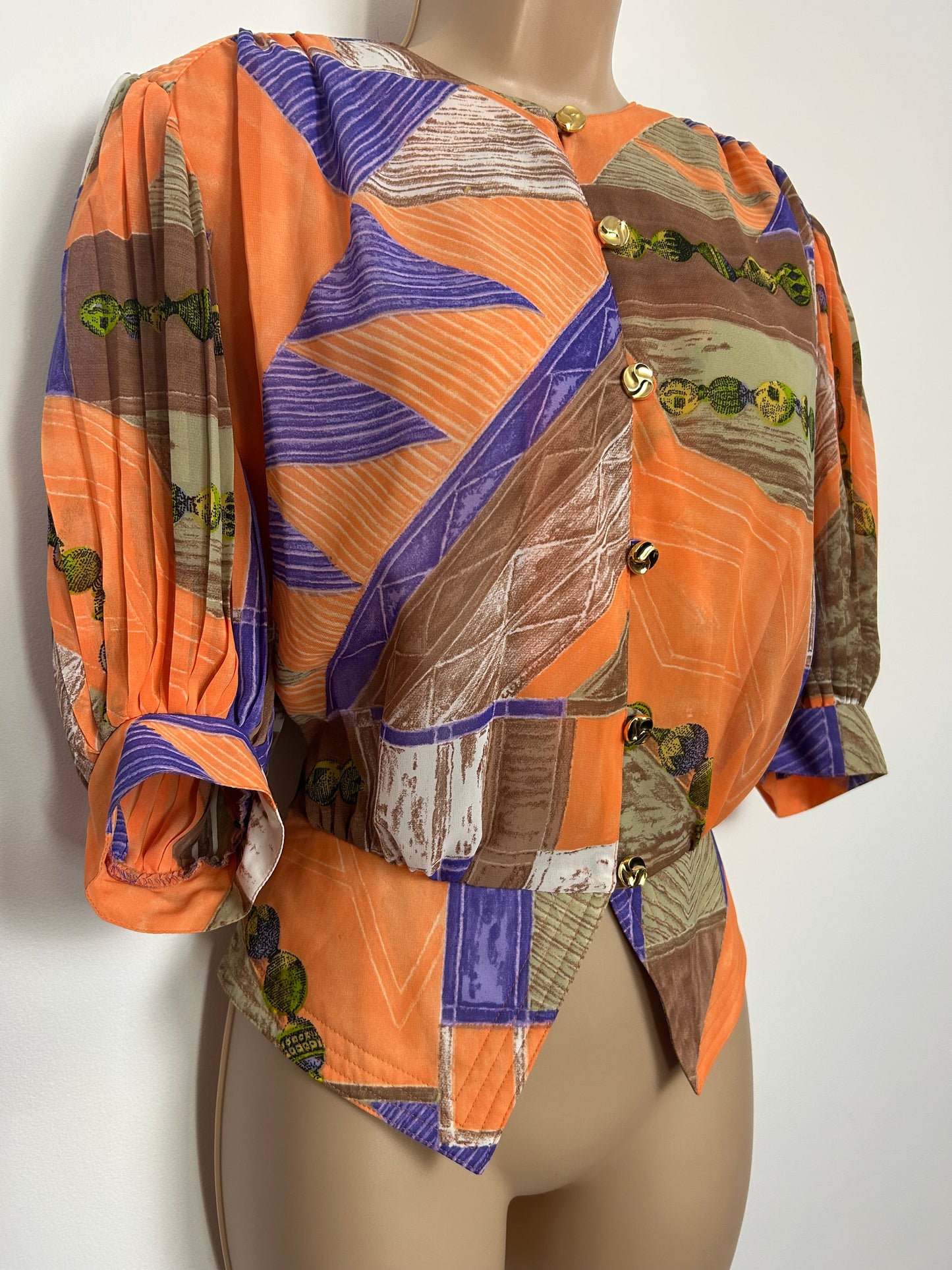 Vintage 1980s HARDOB Size 12-14 Orange Purple & Green Abstract Print Pleated Sleeve Oversized Blouse
