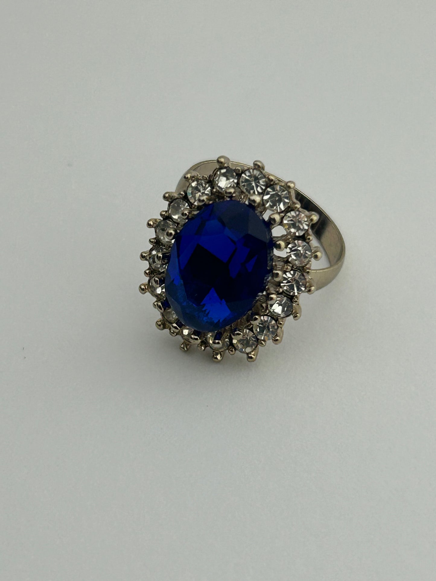 Vintage Blue Glass & Diamante Rhinestone Set Cocktail Ring Size P