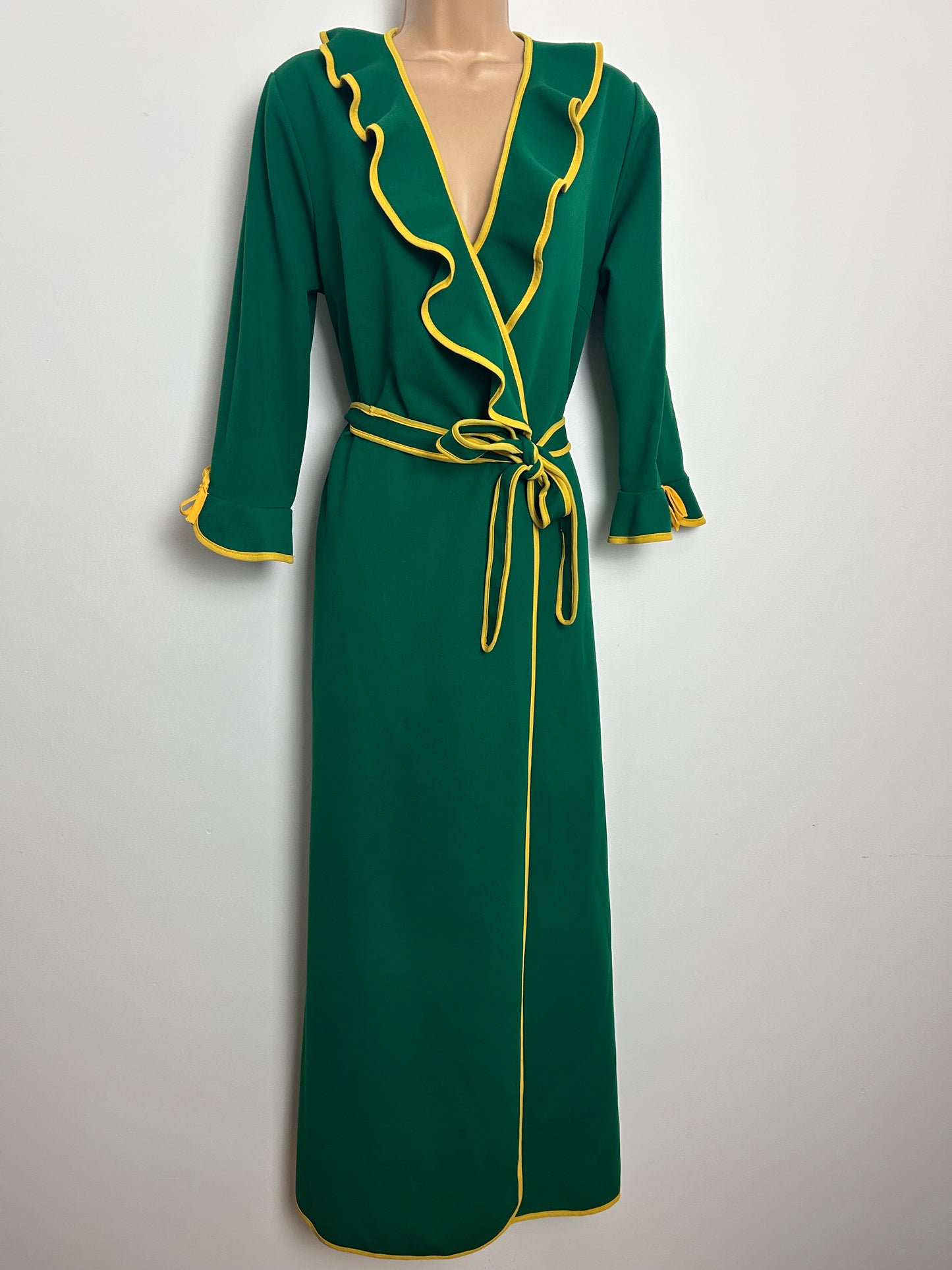 Vintage 1970s Size 14 Dark Green & Yellow Trim Ruffle Collar Flared Cuff Belted House Coat Maxi Dress Hostess Gown