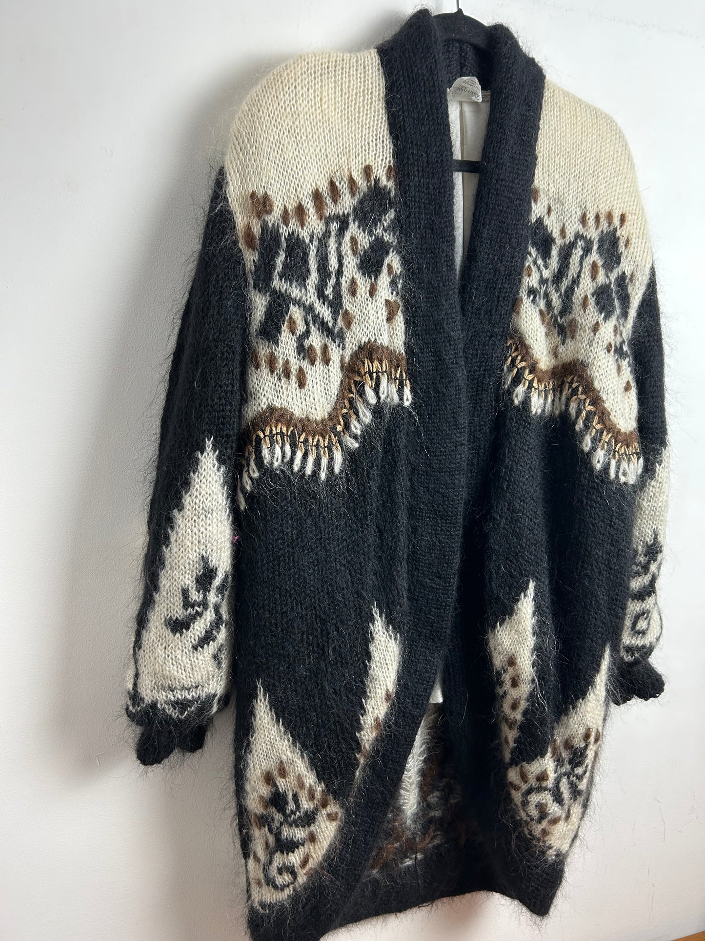 Vintage 1980s Oversize Slouchy Black Cream & Brown Mohair Mix Open Fronted Long Length Cardigan