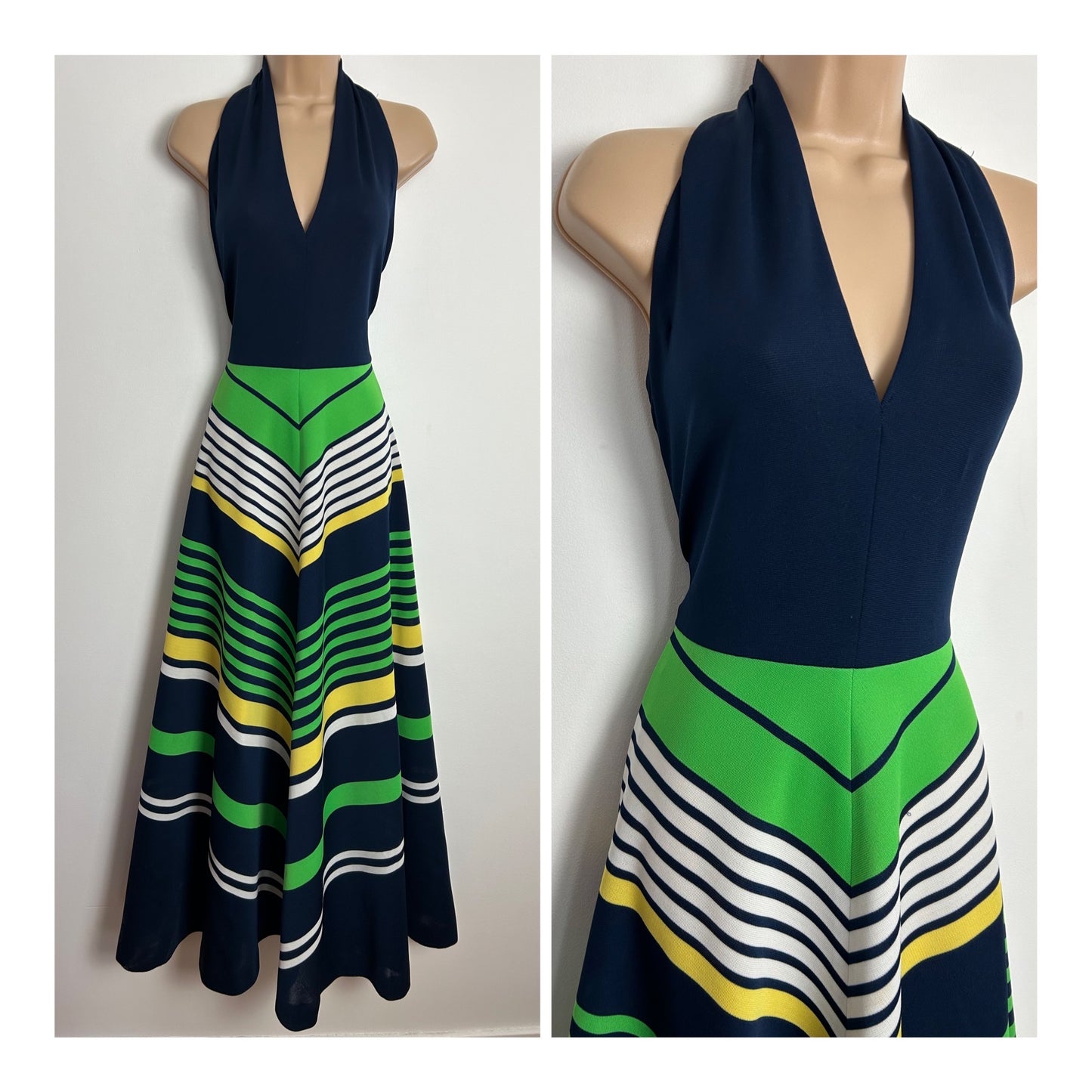 Vintage 1970s UK Size 6 Navy Blue Green & White Stripe Print Halterneck Maxi Dress