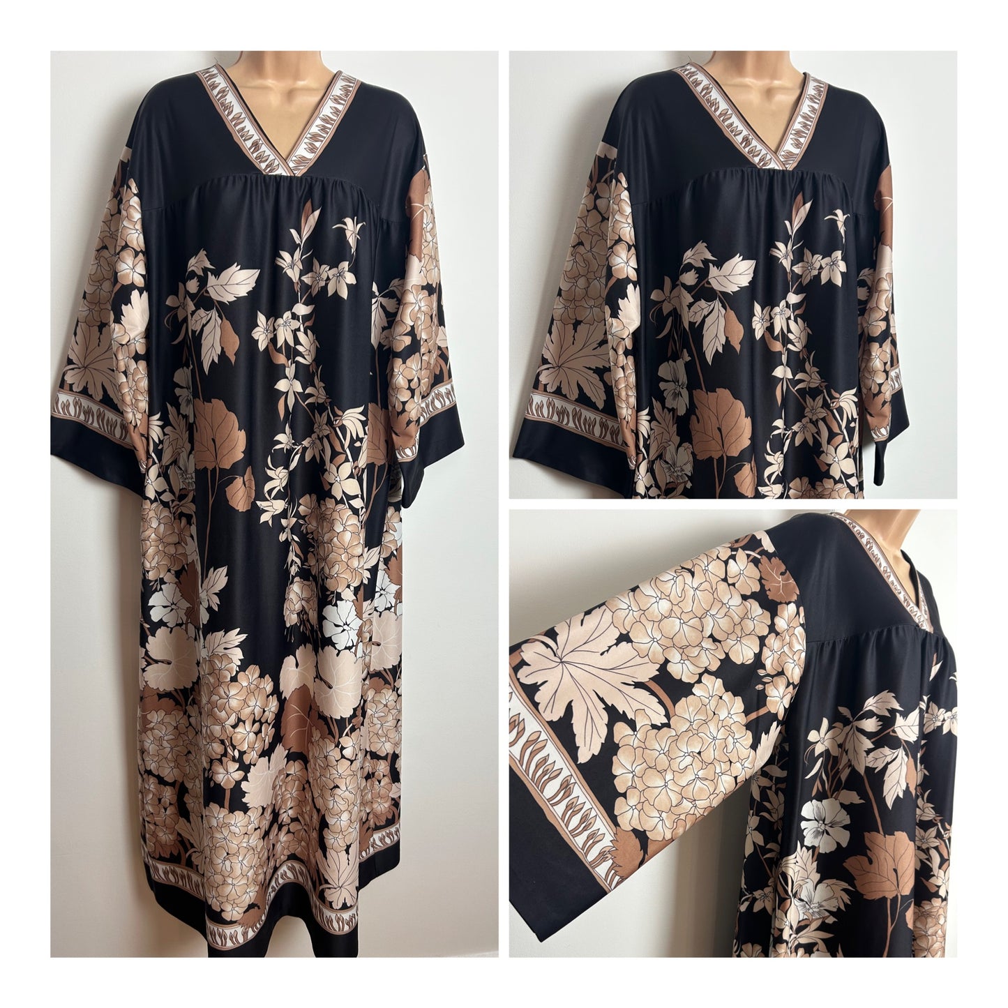 American Vintage 1970s TIFFANY LOUNGEWEAR Up To Size 16 Brown & Beige Floral Border Print Zip Front Kaftan House Dress