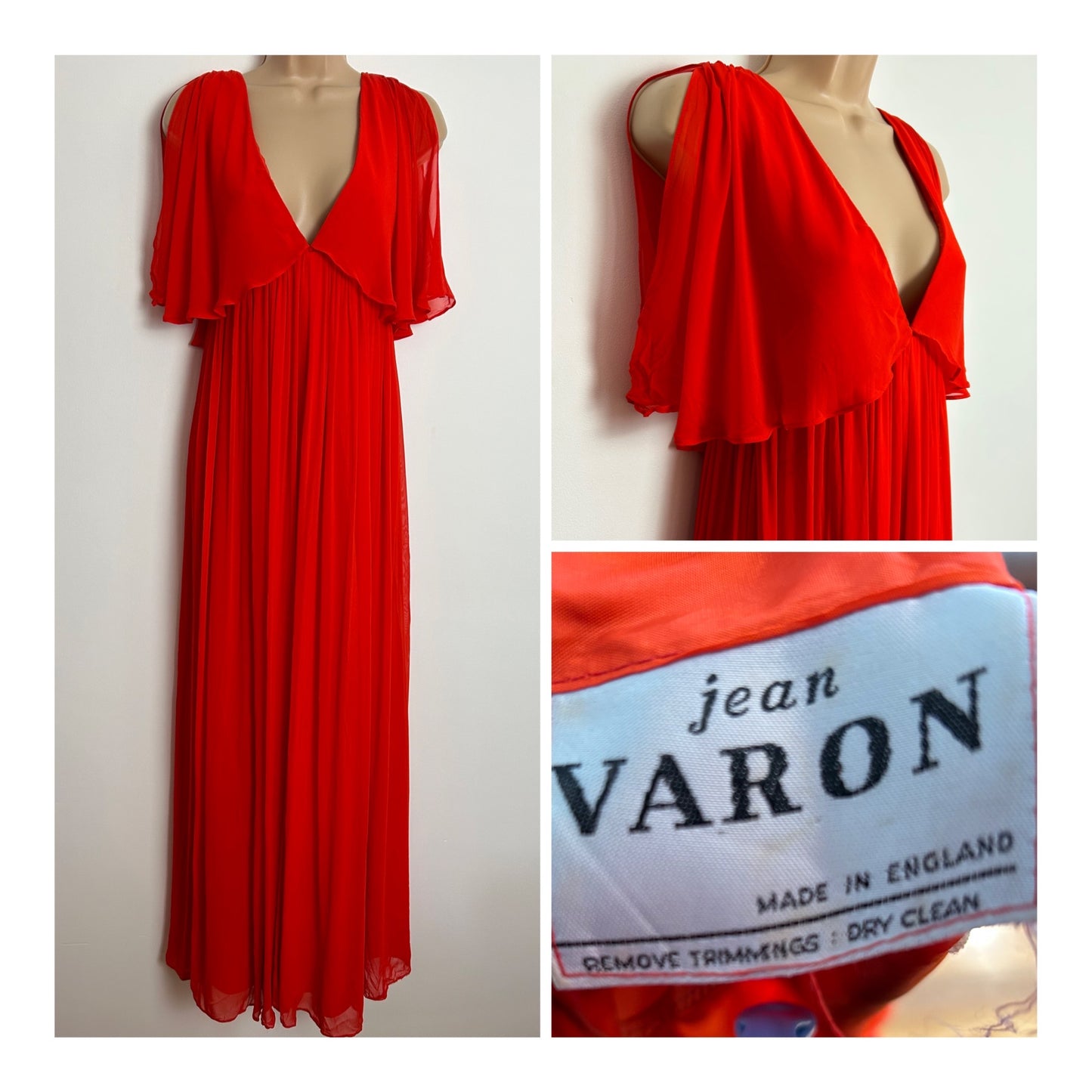 Vintage Early 1970s JEAN VARON Beautiful UK 10 Orangey Red Crepe Chiffon Short Split Cape Sleeve Pleated Empire Line Maxi Dress