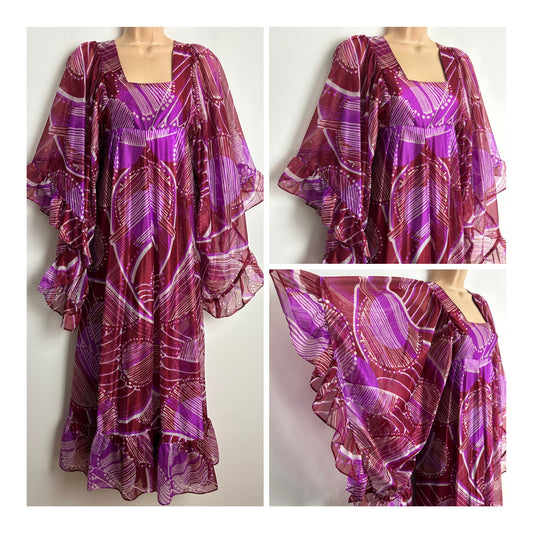 Vintage 1970s Size 10 Plum & Purple Abstract Pattern Nylon Very Wide Angel Sleeve Maxi Dress