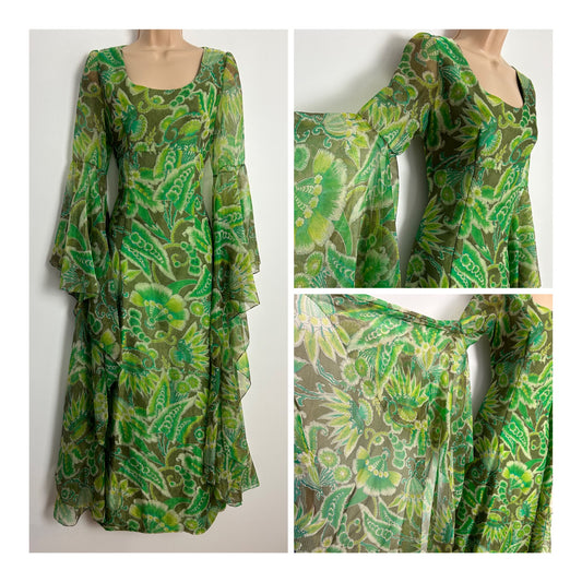 Vintage Early 1970s UK Size 10 Beautiful Green Tones Floral Print Very Long Flared Sleeve Georgette Boho Maxi Dress