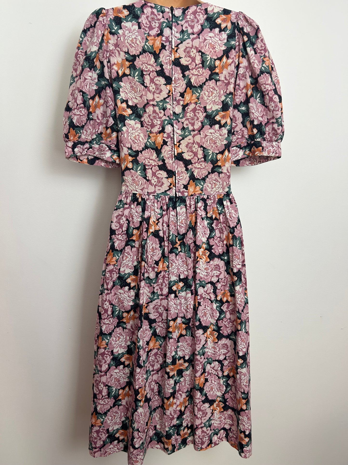 Vintage 1980s LAURA ASHLEY Size 10 Dusky Pink Orange & Green Floral Cotton Tea Dress