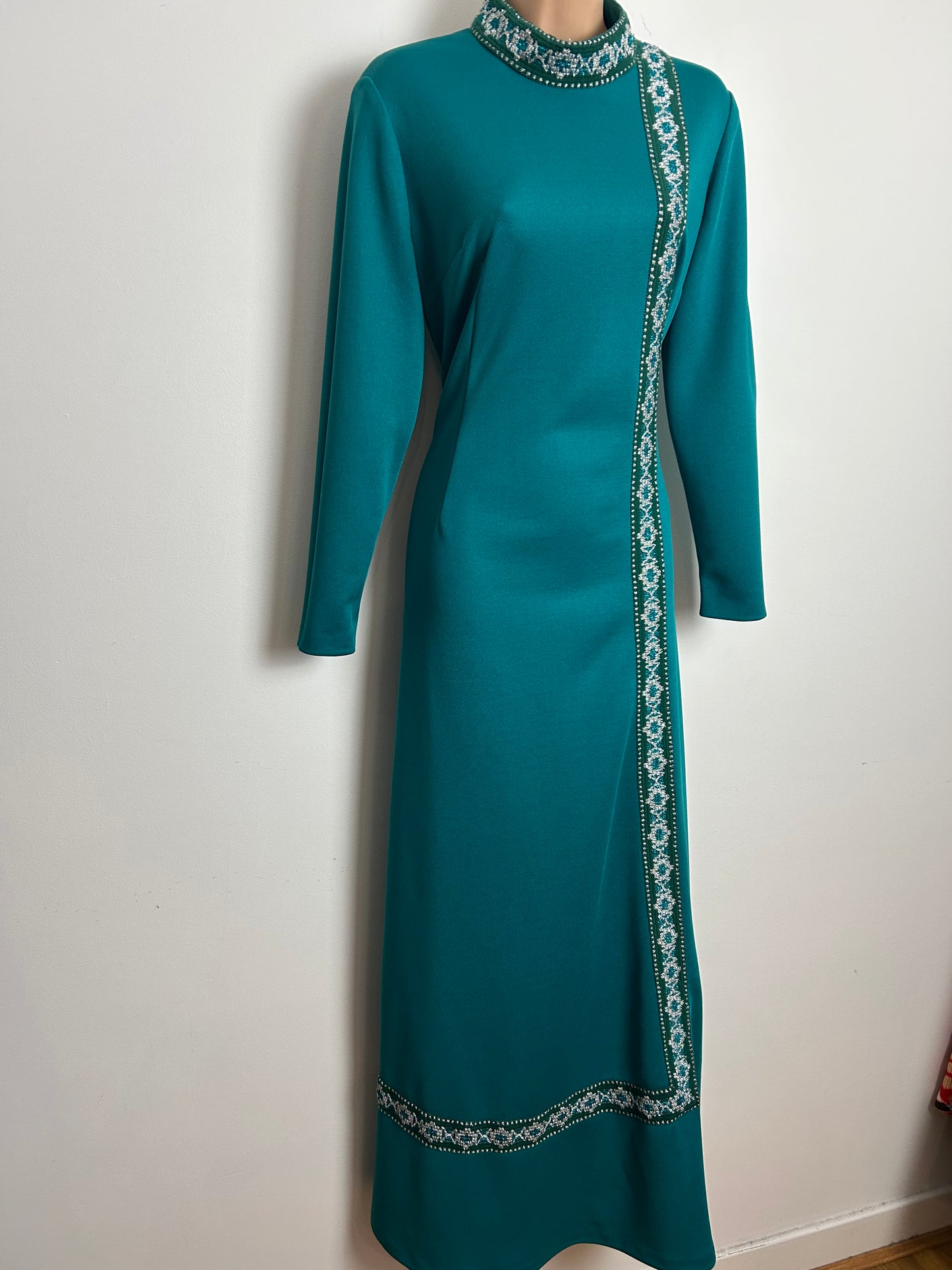 Vintage Late 1960s CARNEGIE Size 12- 14 Teal Green & Metallic Silver Braid Trim Long Sleeve Occasion Evening Maxi Dress
