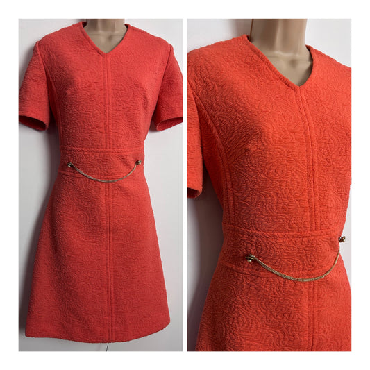 Vintage 1960s UK Size 12 Tangerine Orange Crimplene Short Sleeve Chain Detail Mod Dress
