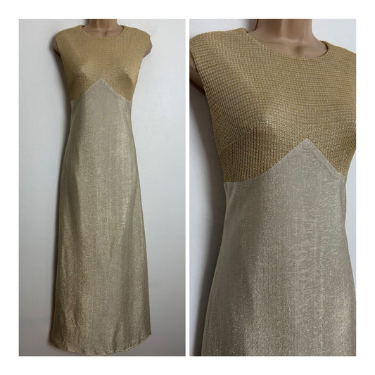Vintage 1970s UK Size 10 Gorgeous Gold Lurex Christmas Party Occasion Maxi Dress