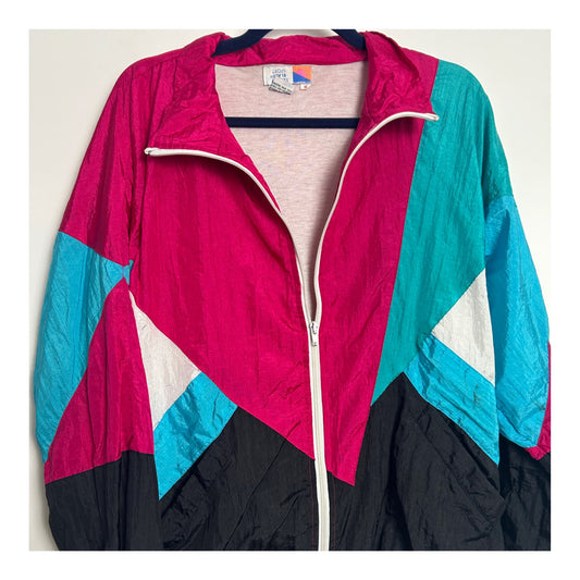 Vintage 1980s LINDSEY BLAKE SPORT Size M (Up to 14/16) Pink Blue Green & Black Shell Suit Jacket