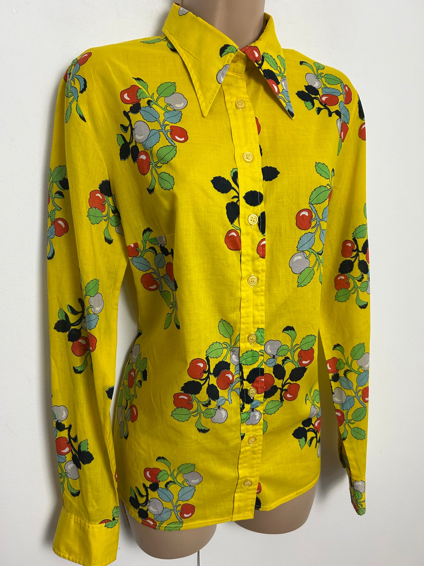 Vintage 1970s Size 12-14 Yellow Red Blue & Green Berry & Leaf Print Dagger Collar Long Sleeve Cotton Shirt