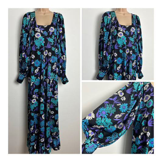 Vintage 1970s Size 10-12 Black Blue Purple & White Floral Balloon Sleeve Empire Line Maxi Dress