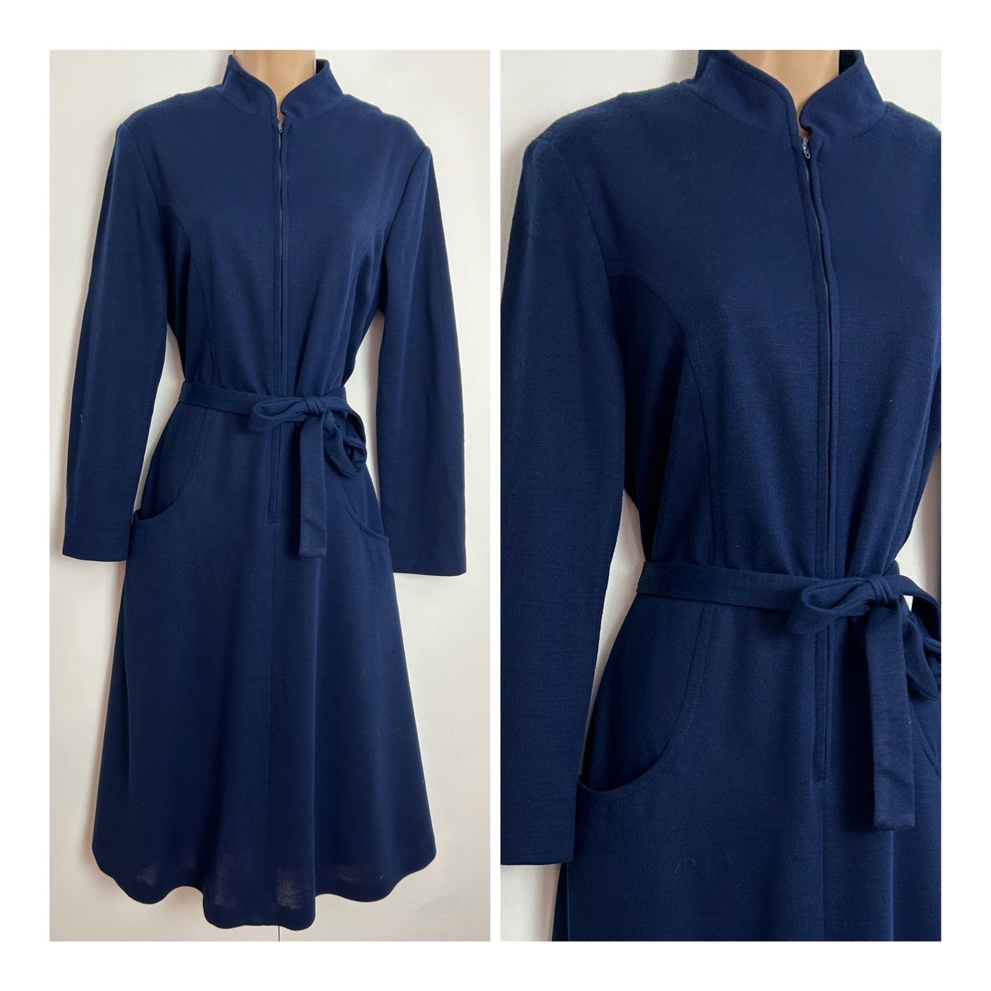 Vintage 1970s SELFRIDGES LONDON UK Size 14 Navy Blue Long Sleeve Zip Fronted Belted Day Dress