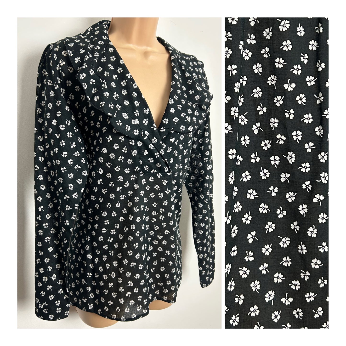 Vintage Early 1980s Size 10 Black & White Clover Print Ruffle Collar Long Sleeve Cotton Blouse/Shirt
