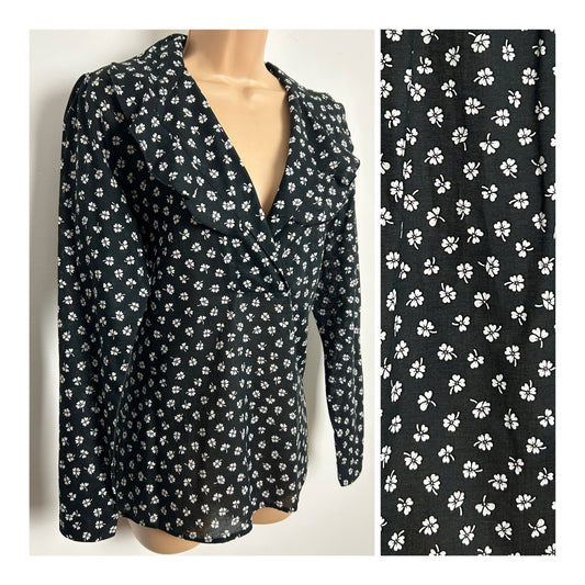 Vintage Early 1980s Size 10 Black & White Clover Print Ruffle Collar Long Sleeve Cotton Blouse/Shirt
