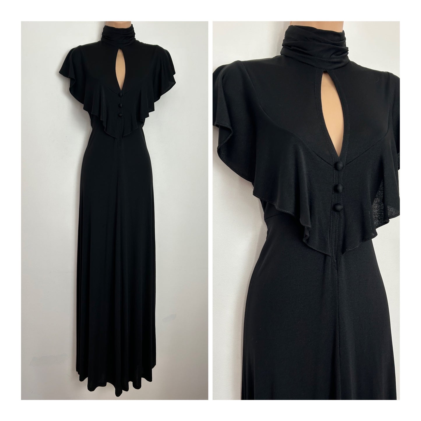 Vintage 1970s SHELANA UK Size 8 Black Keyhole Cut Out Ruffle Trim Maxi Dress