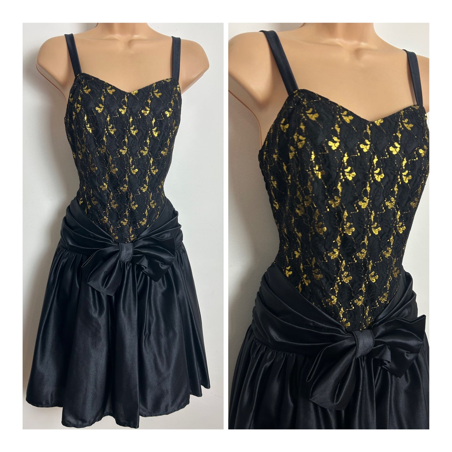 Vintage 1980s Size 10 Black & Metallic Gold Lace Bodice Party Prom Dress