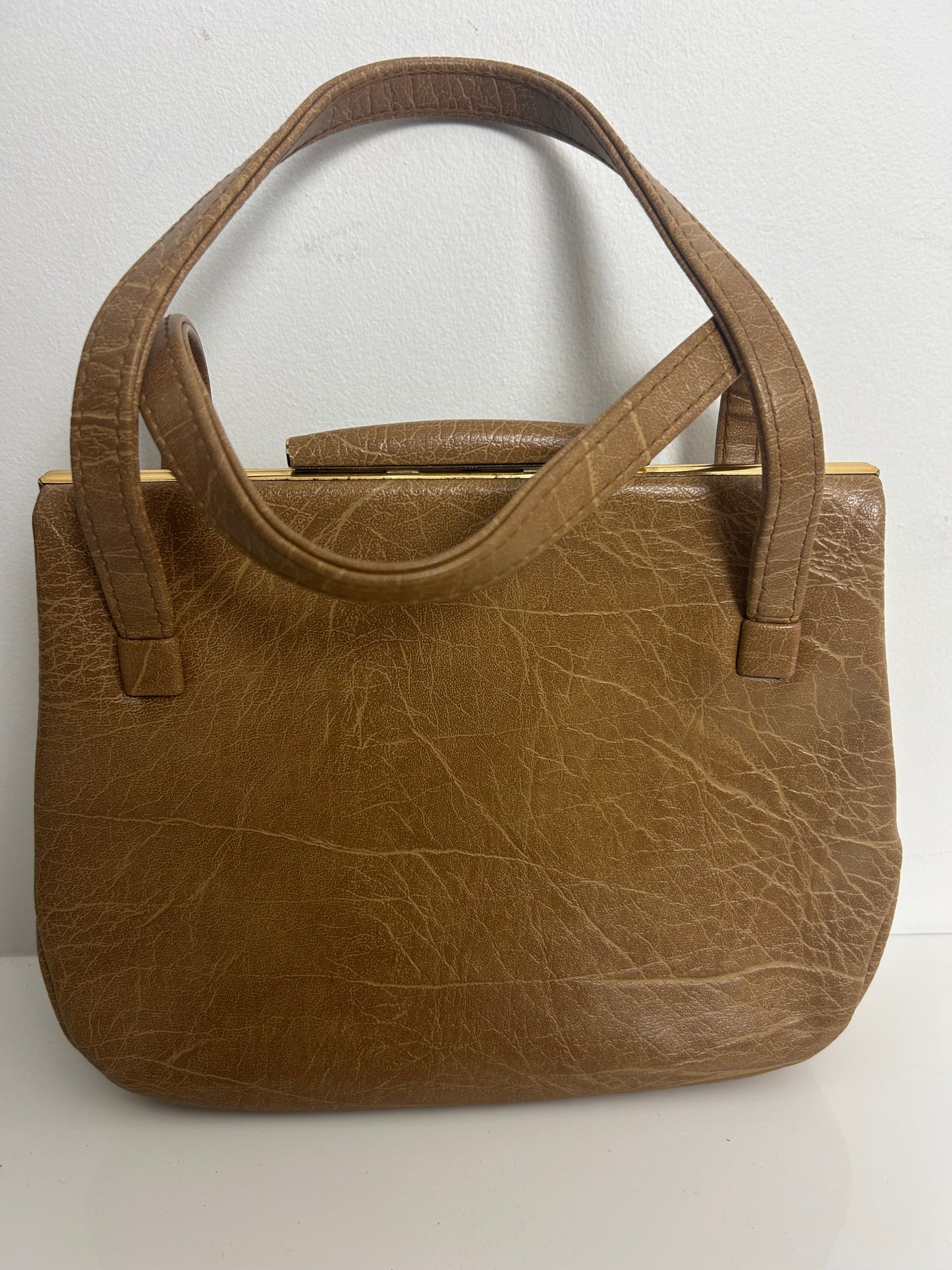 Vintage 1960s WEYMOUTH AMERICA Tan Brown & Beige Faux Leather Patchwork Panels Handbag