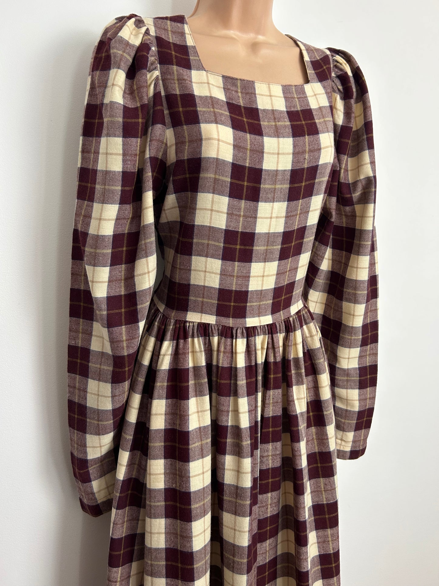 Vintage 1980s LAURA ASHLEY UK Size 10 (Size 12 On The Label) Maroon & Cream Check Print Wool & Cotton Mix Day Dress