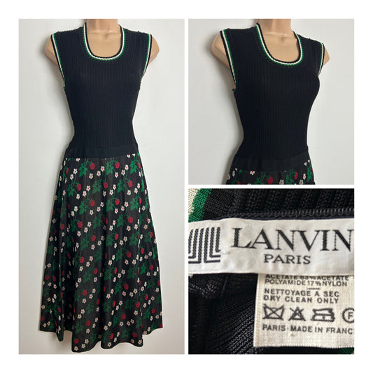 Vintage 1970s LANVIN Approx Size 10 Black Green Red & White Ribbed Strawberry Pattern Dress