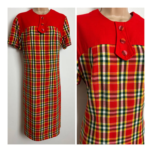 Vintage 1970s Size 12-14 Red Green & Yellow Tartan Check Short Sleeve Mod Shift Cotton Dress